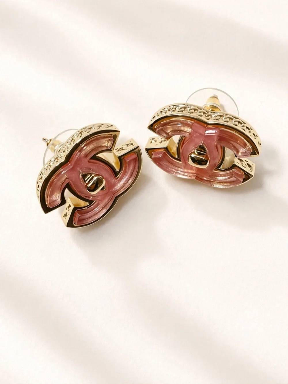 Chanel Pink And Gold Enamel CC Earrings
